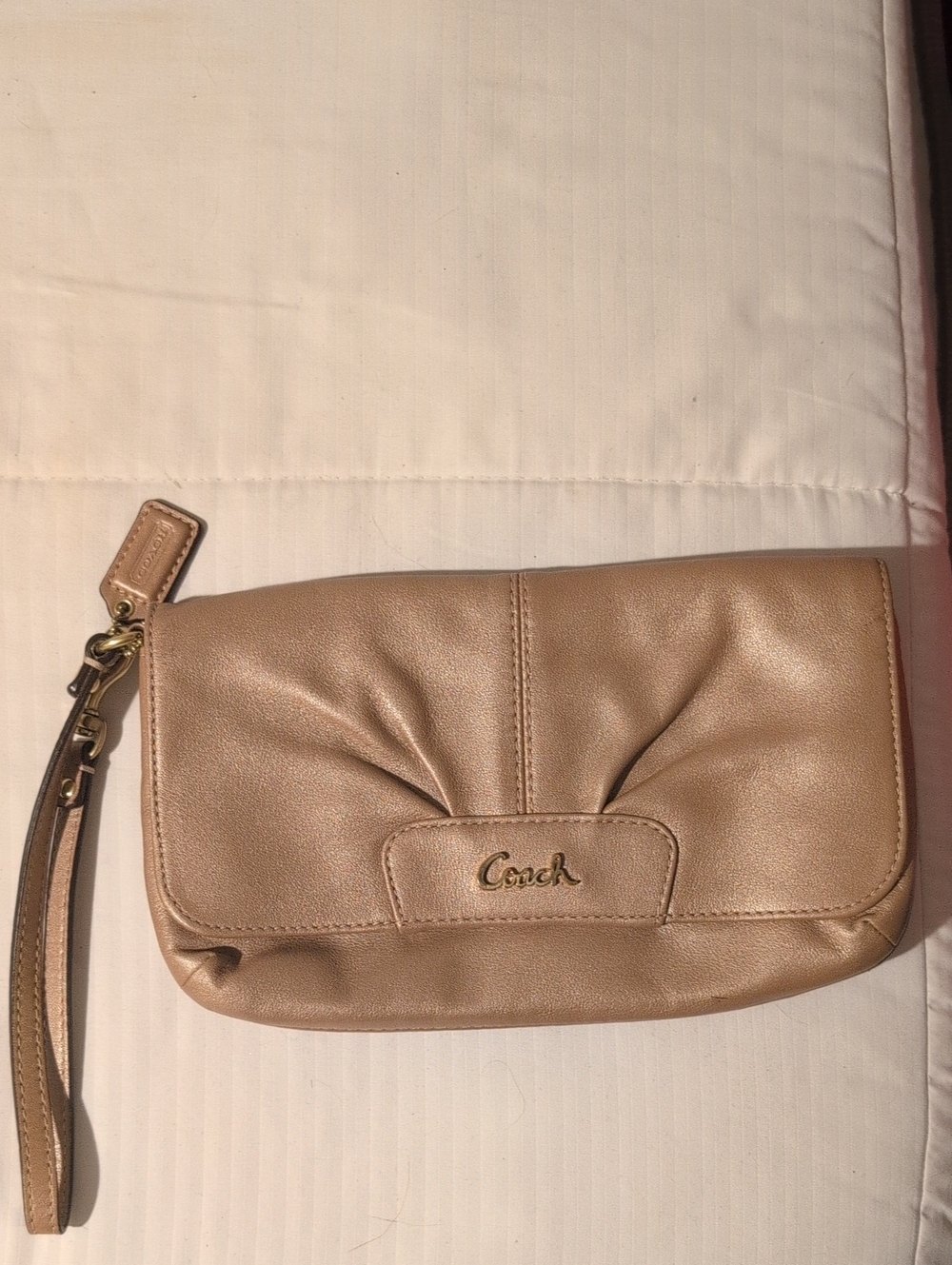 Coach Metallic Beige Pebble Leather Wristlet Clutch